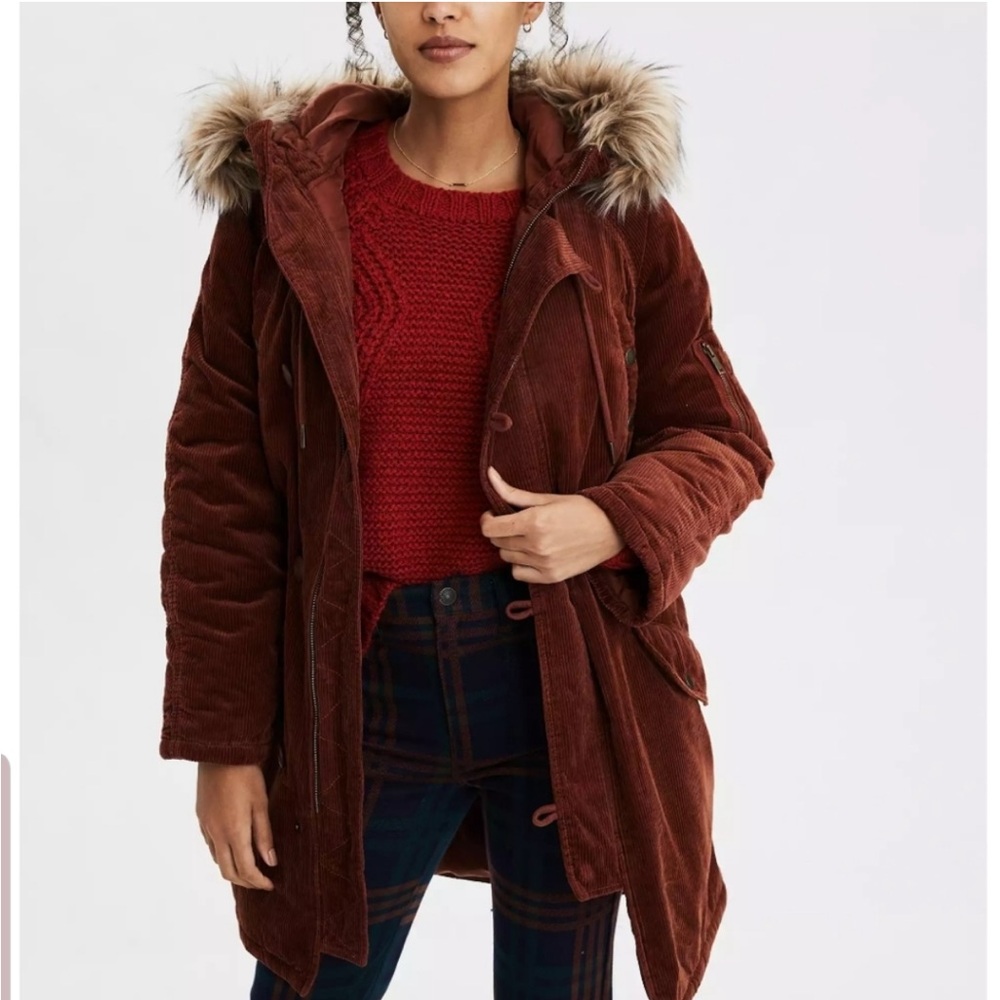 American Eagle Rust Corduroy Parka with Faux Fur Hood